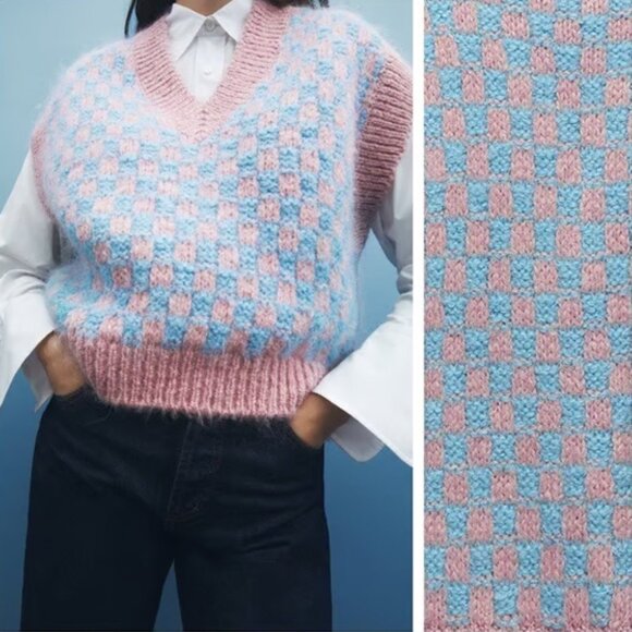 Zara Pink Blue Wool Blend Knit Vest V-neckline Checkerboard S Preppy Classic - Picture 2 of 15
